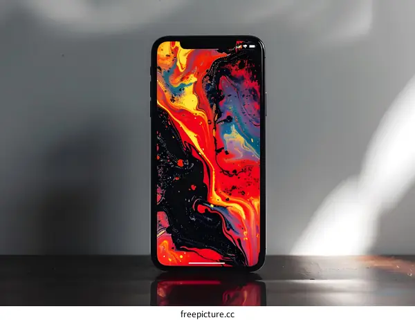 Black Smartphone with Abstract Wallpaper on Table