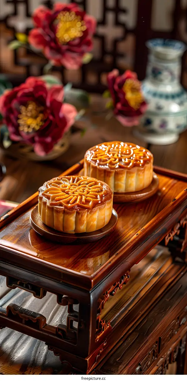 Traditional Chinese Moon Cakes On Wooden Tray
