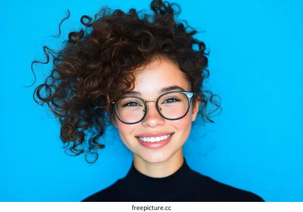 Smiling Woman with Curly Hair and Glasses