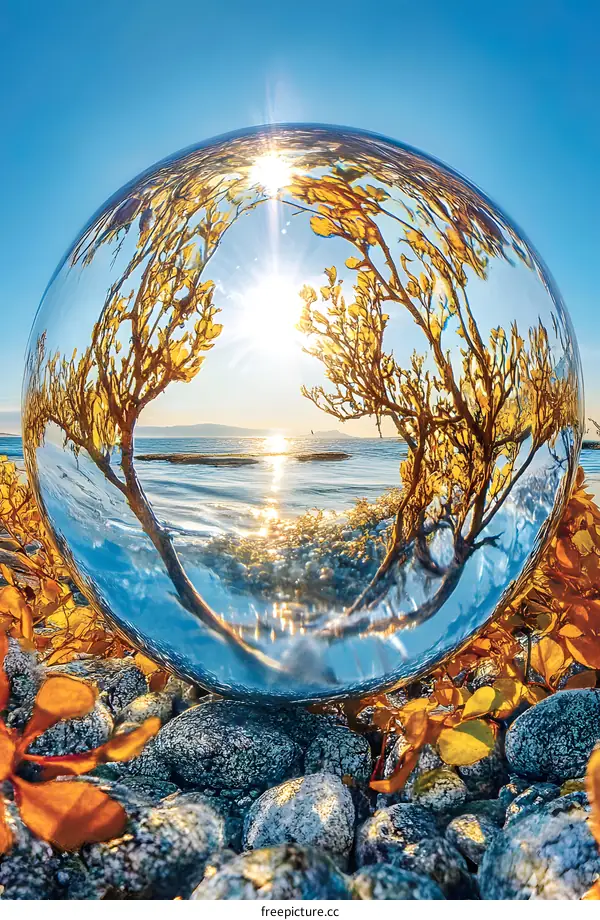 Crystal Ball View of a Seascape with Yellow Trees