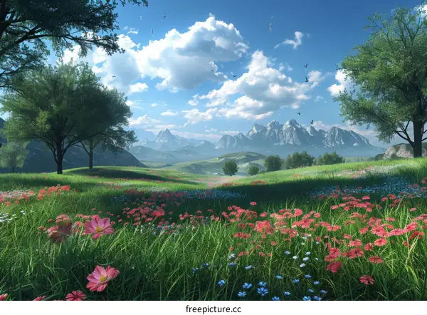 Mountain Landscape with Trees and Flowers