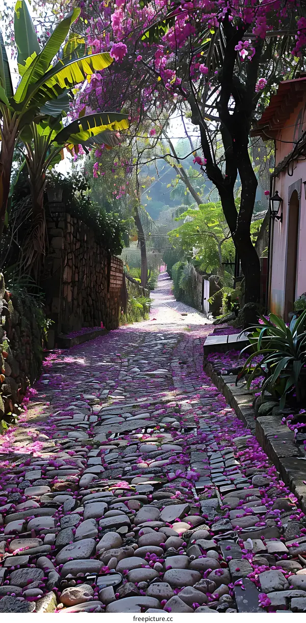 cobblestone alley covered with purple flowers
