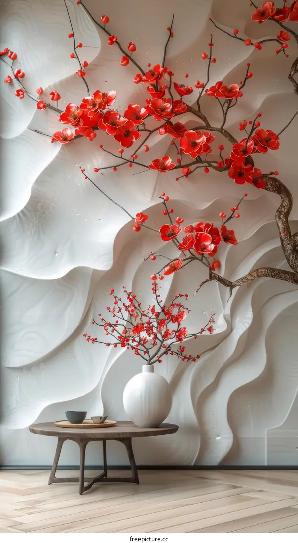 red flower and white vase