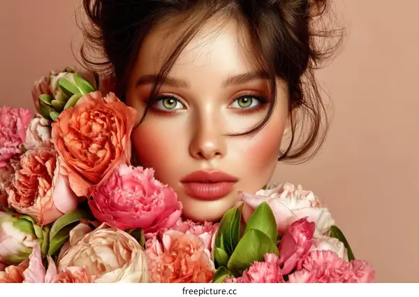 Beautiful Woman with a Bouquet of Flowers