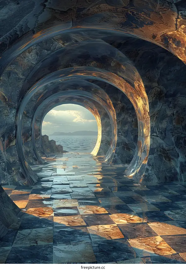 Futuristic tunnel leading to the ocean