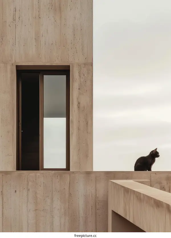 A black cat sits on a ledge in front of a concrete building