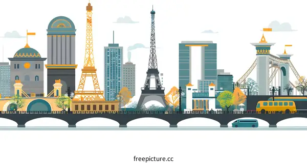 Cityscape Illustration with Eiffel Tower and Bridge