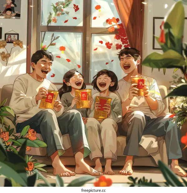 A happy family of four is sitting on the couch and laughing.