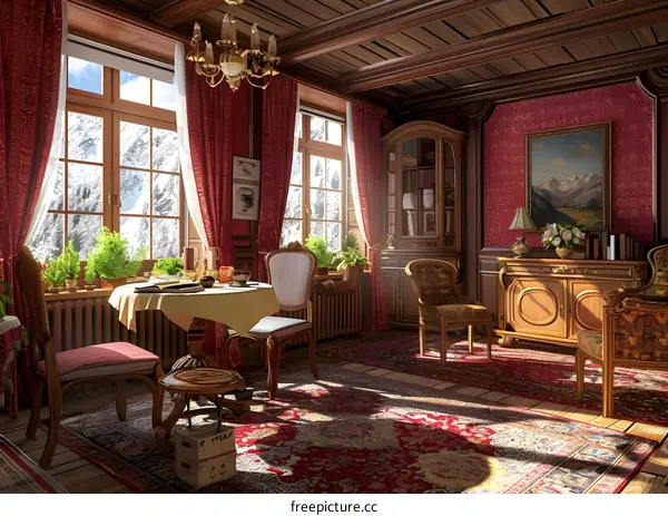 Cozy Living Room With Red Curtains and Mountain View