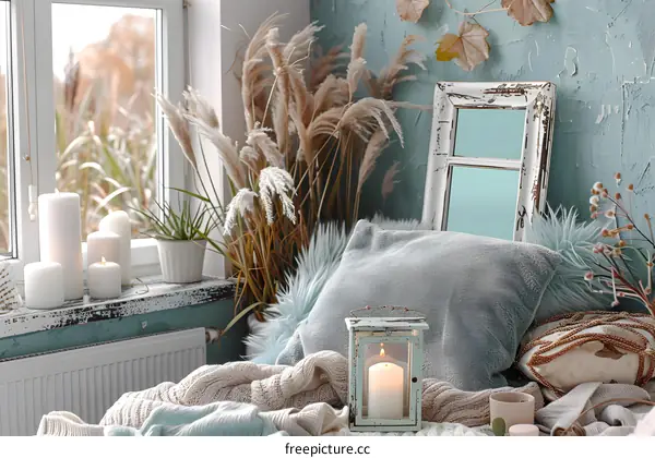 Cozy Home Decor with Candles, Plants, and Pillows