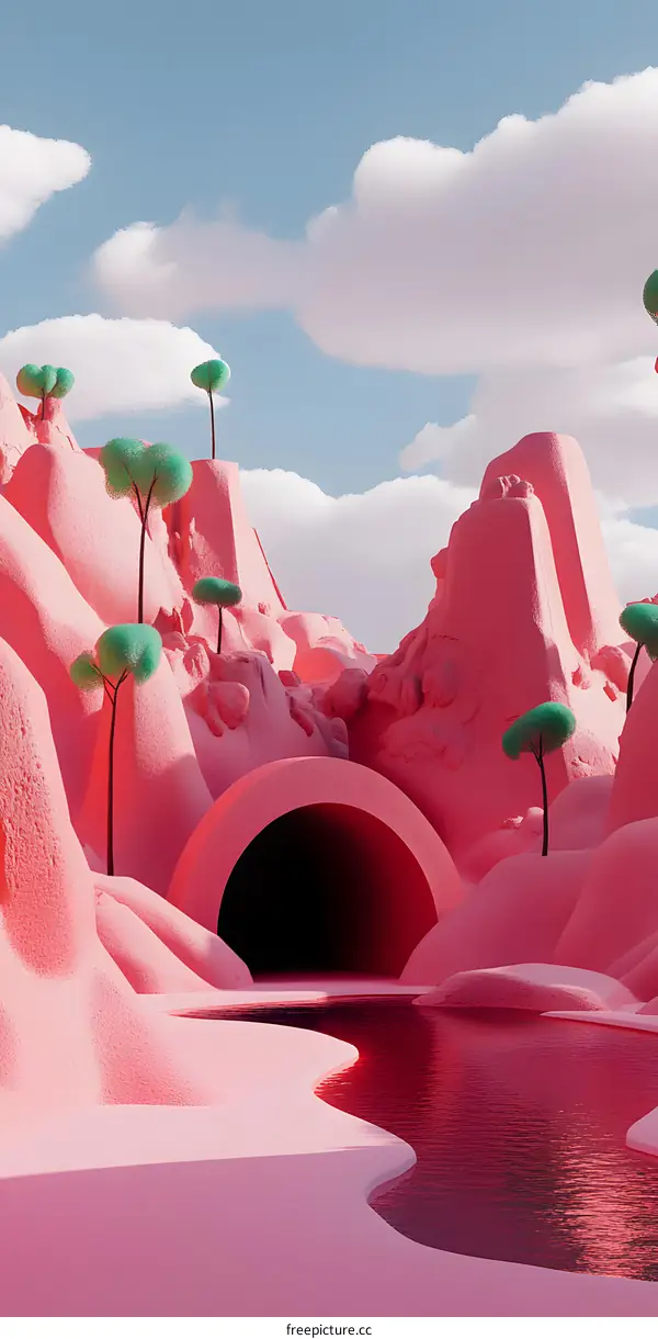 Pink Surreal Landscape with Tunnel and Water