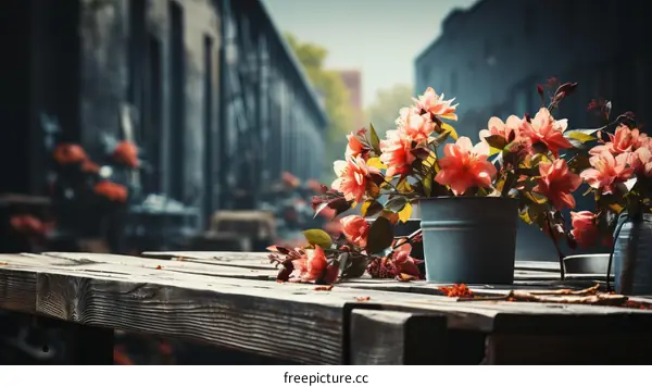 A beautiful bouquet of pink flowers sits on a wooden table in an urban setting.