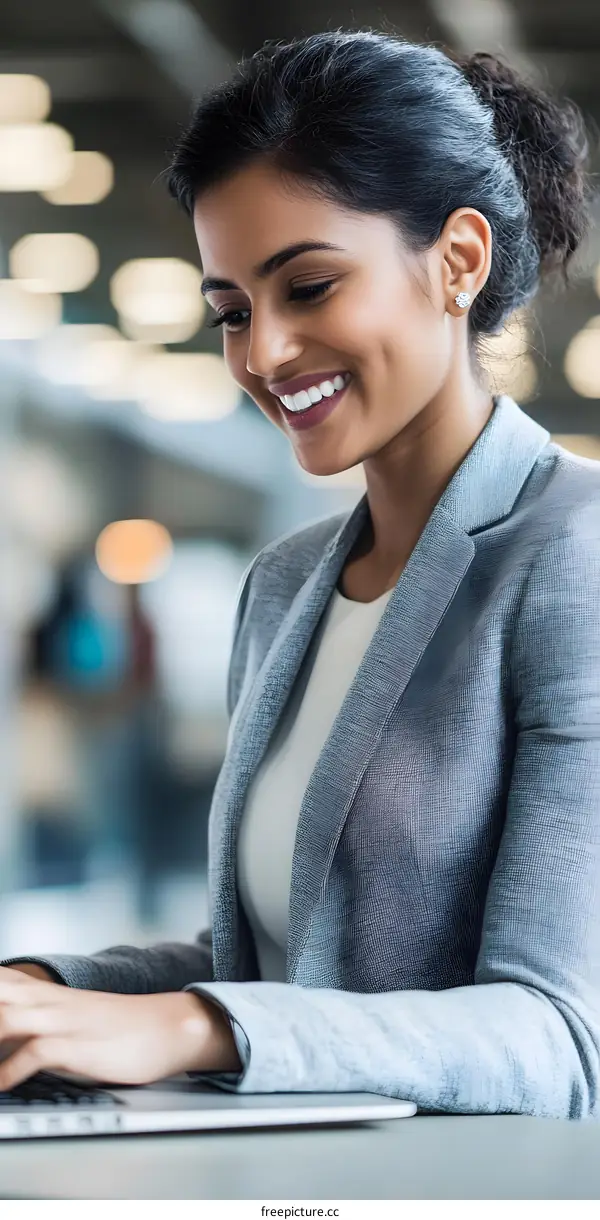 Smiling Indian Businesswoman Working on Laptop