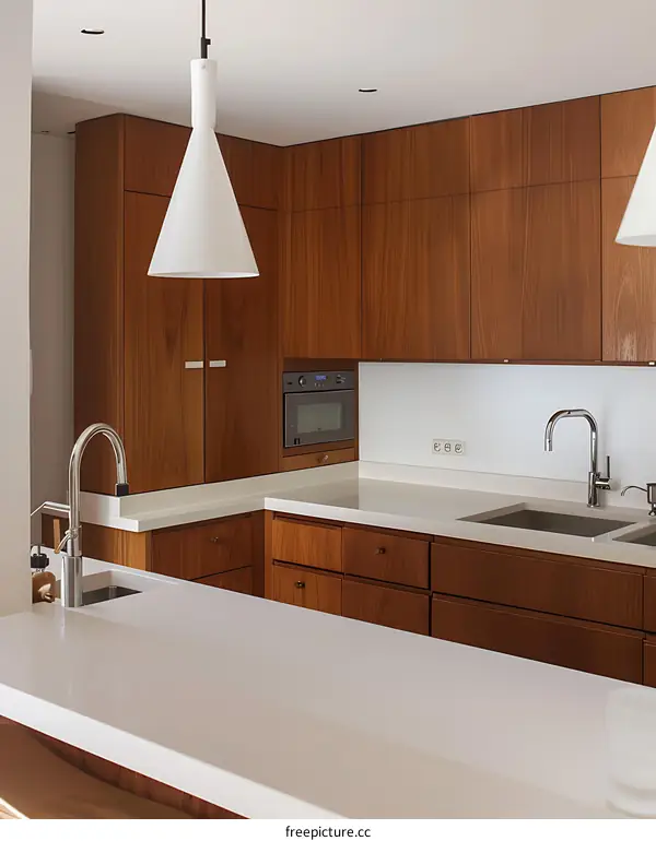 Modern Kitchen Design With Wooden Cabinets And White Countertops