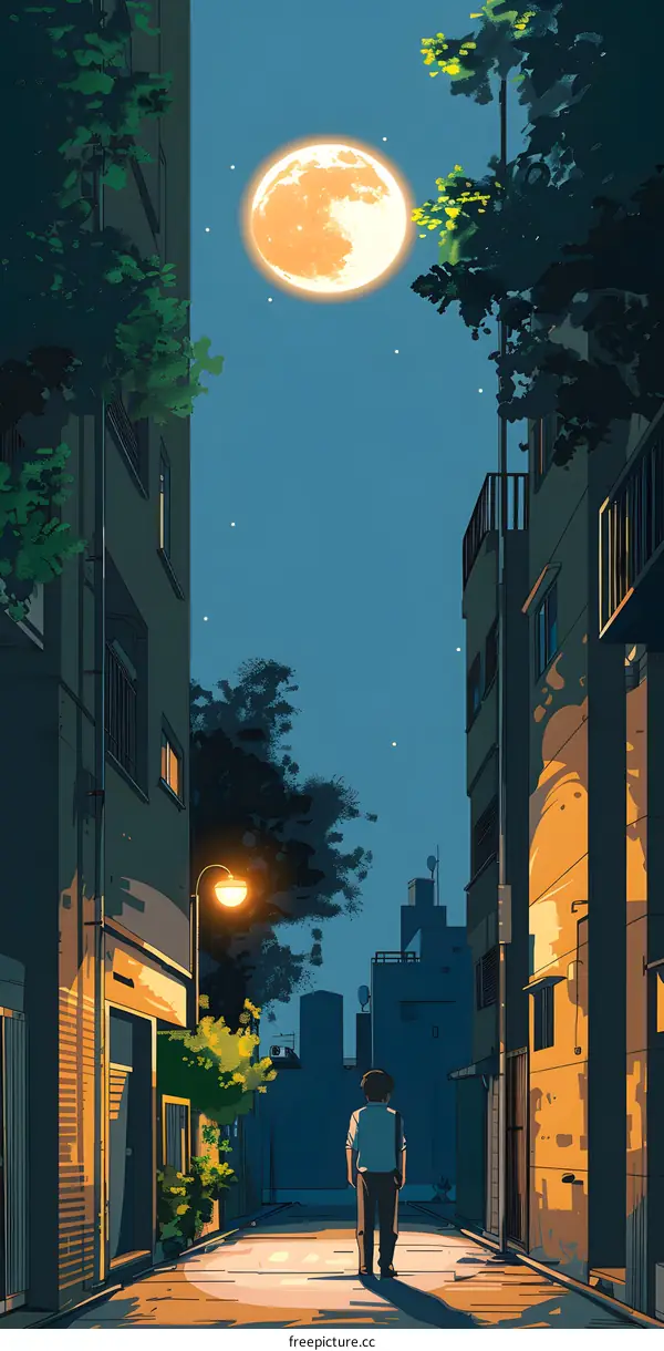 Nighttime Alleyway Illustration with a Single Man Walking Under the Moon
