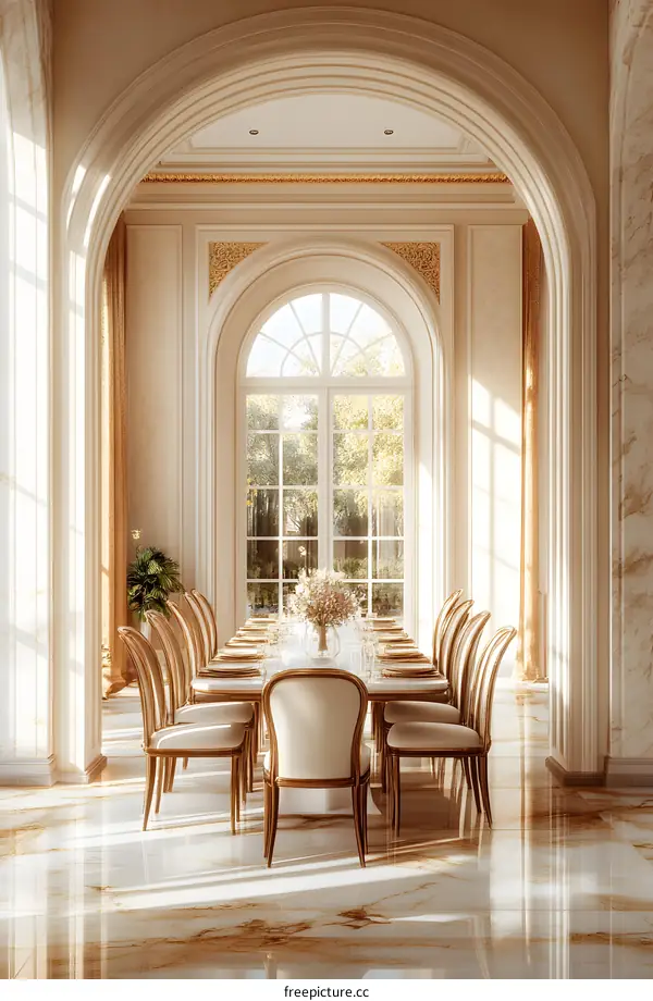Elegant Dining Room Interior Design With Arched Windows And Golden Accents