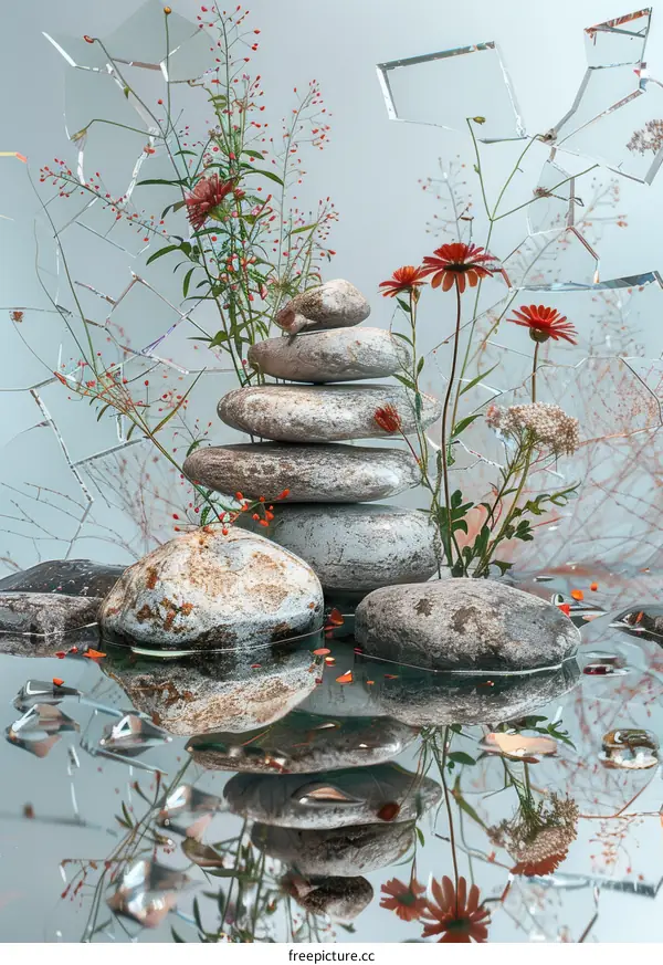 Still life with stacked stones and red flowers