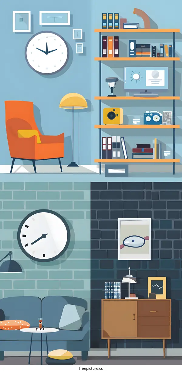 Modern Living Room Design With Bookshelf and Clock