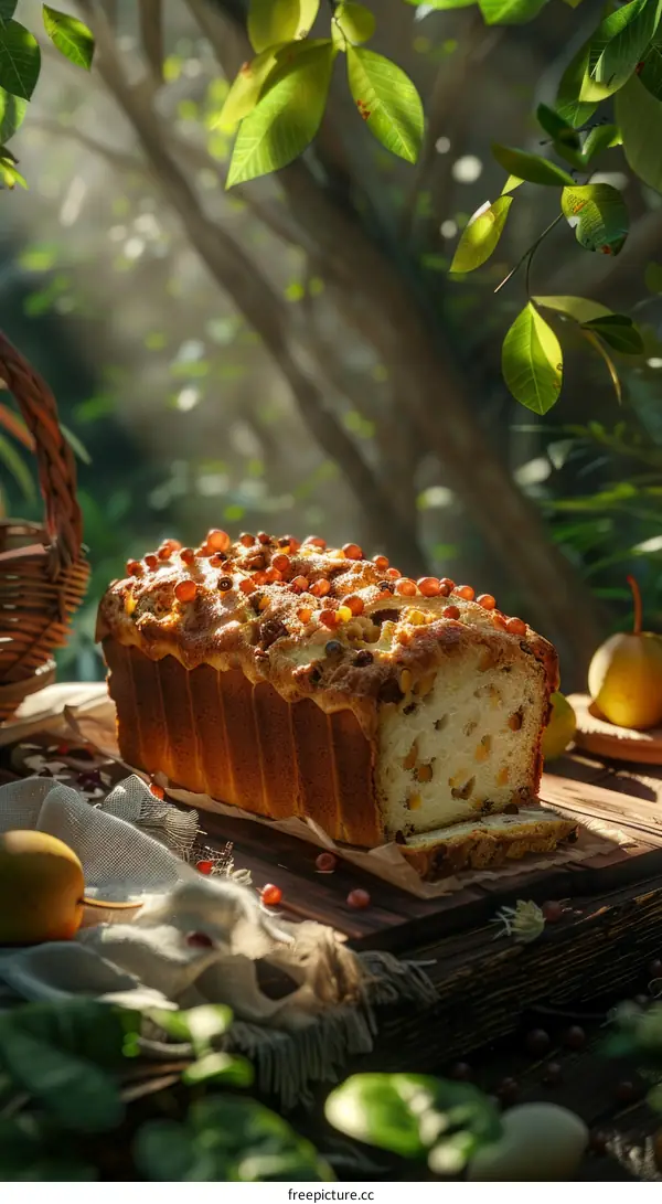 Close up of homemade fruit cake on wooden table in the garden