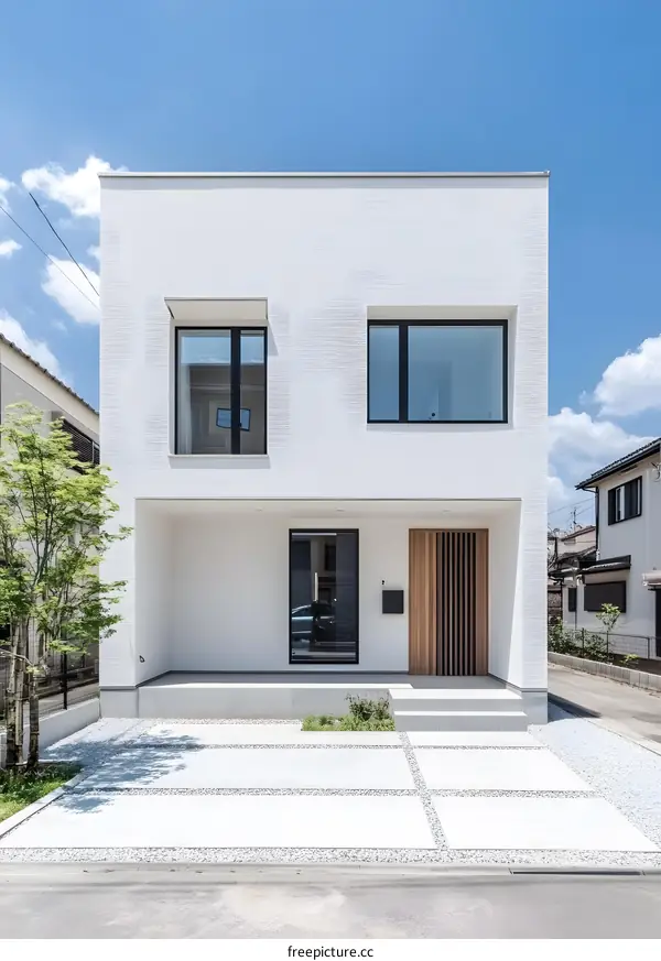 Modern White House with Wooden Door and Gravel Driveway