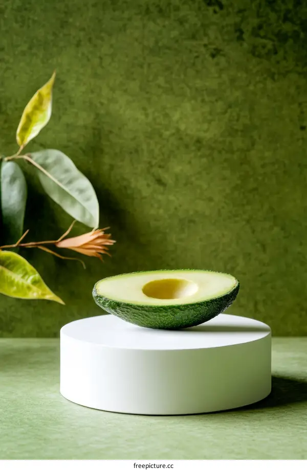 Avocado Half on White Display Stand Against Green Background