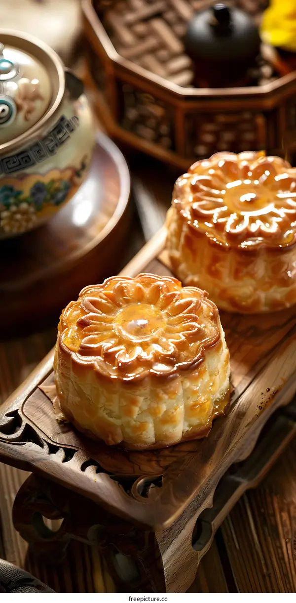 Closeup of Two Delicious Chinese Moon Cakes on Wooden Tray