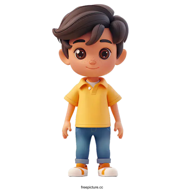 [Transparent Background PNG]Smiling Cartoon Boy Wearing Yellow Shirt and Blue Jeans