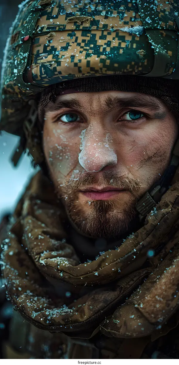 Portrait of a soldier with blue eyes