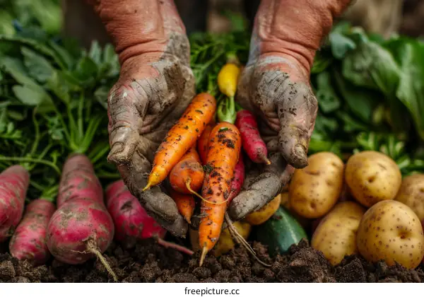 A farmer's hands holding freshly-harvested carrots and radishes