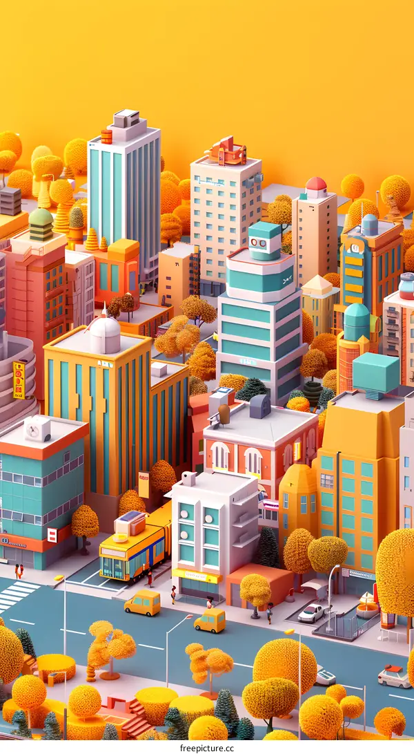 A 3D illustration of a city with colorful buildings and trees