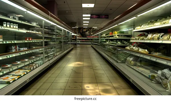 Empty Supermarket Aisle with Refrigerated Shelves