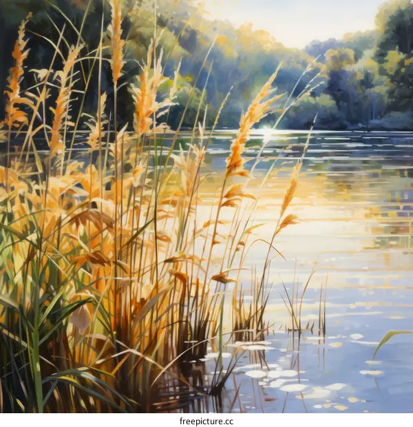 Tranquil Lake with Reeds in the Afternoon Sun