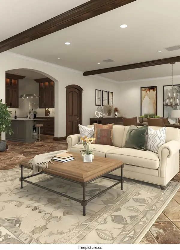 Modern Farmhouse Style Living Room Interior Design with Beige Sofa and Coffee Table