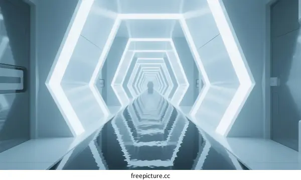 Futuristic Corridor with Hexagonal Architecture and Reflective Floor