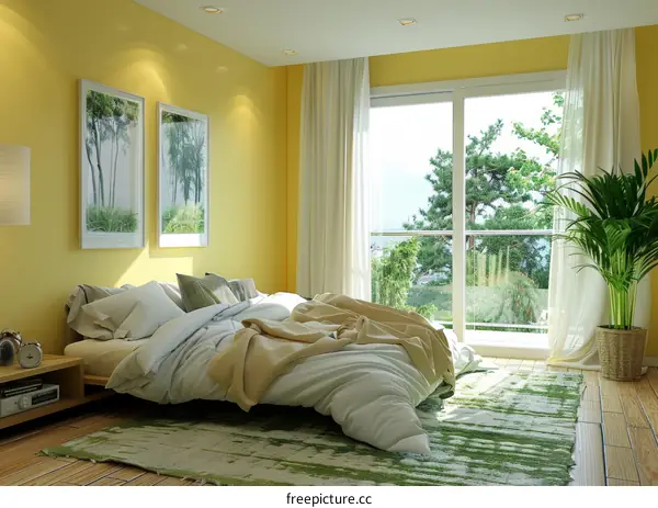 Yellow Bedroom with Pictures and Plants
