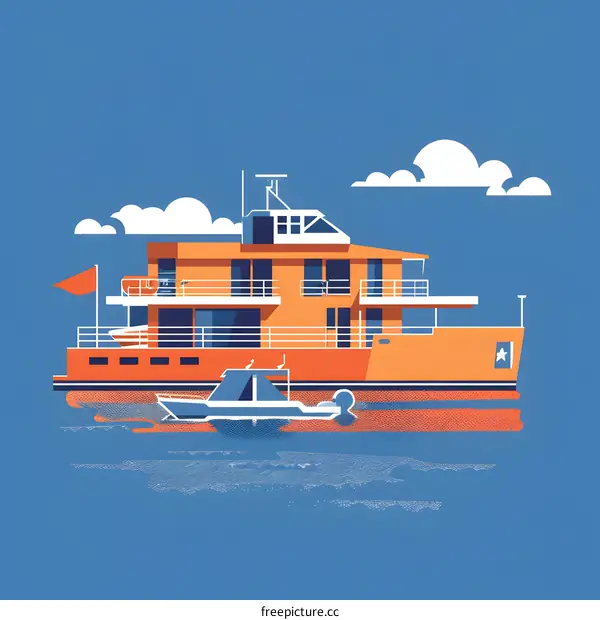 Orange Yacht on Water with Blue Sky