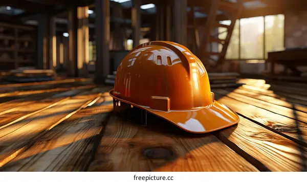 Orange hard hat on a wooden floor with a blurred background