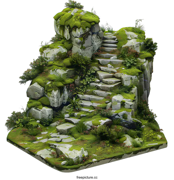 [Transparent Background PNG]Stone Steps Leading Up to a Mossy Cliff
