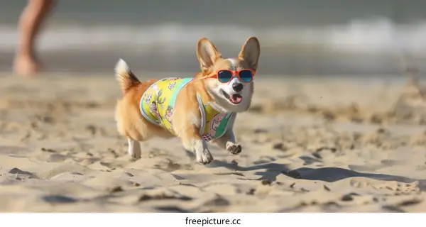 A happy corgi wearing sunglasses runs on the beach