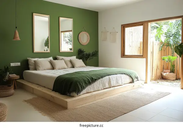 Green Bedroom with Natural Wooden Bed