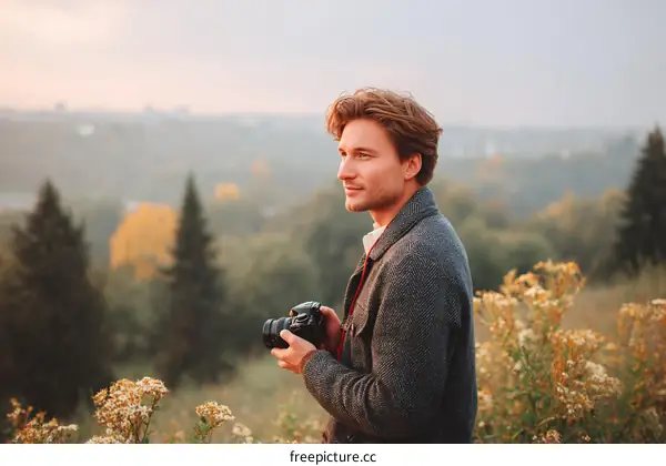 Man with camera in autumn landscape