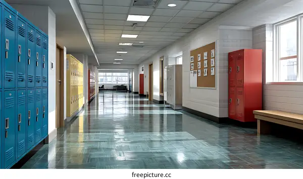 School Corridor with Colorful Lockers