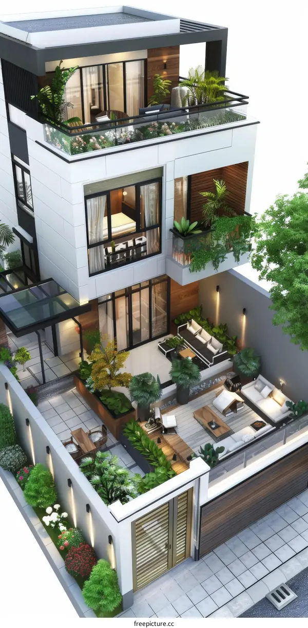 Modern Three-Story Home Design with Rooftop Garden