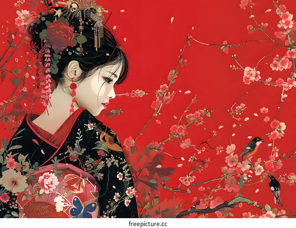 Beautiful Japanese Woman in Kimono with Cherry Blossoms
