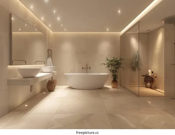 Luxury bathroom with freestanding bathtub, double vanity, and separate shower area