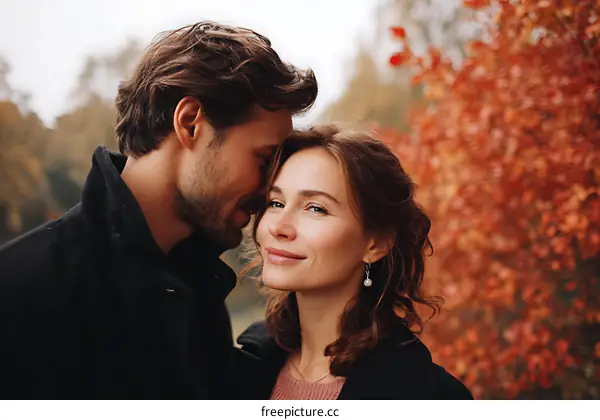 Couple in Autumn Park Embrace