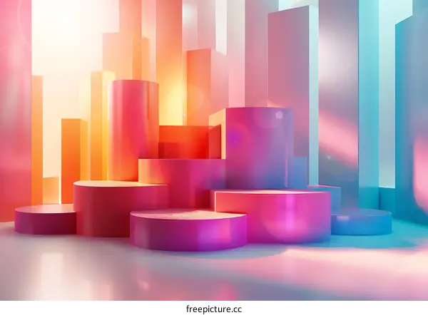 3D rendering of a stage with pink and blue podiums and a glowing background