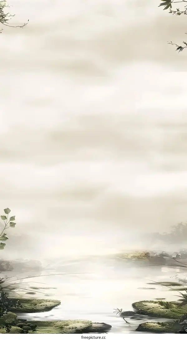 Watercolor Landscape Painting With Misty River