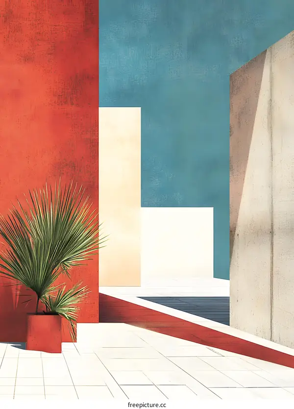 Abstract Minimalist Architectural Illustration With Geometric Shapes And A Palm Tree