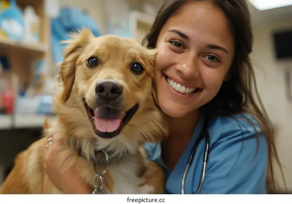 Close-up of a smiling young woman hugging a dog